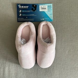 Pink peony Isotoner inside outside slippers.